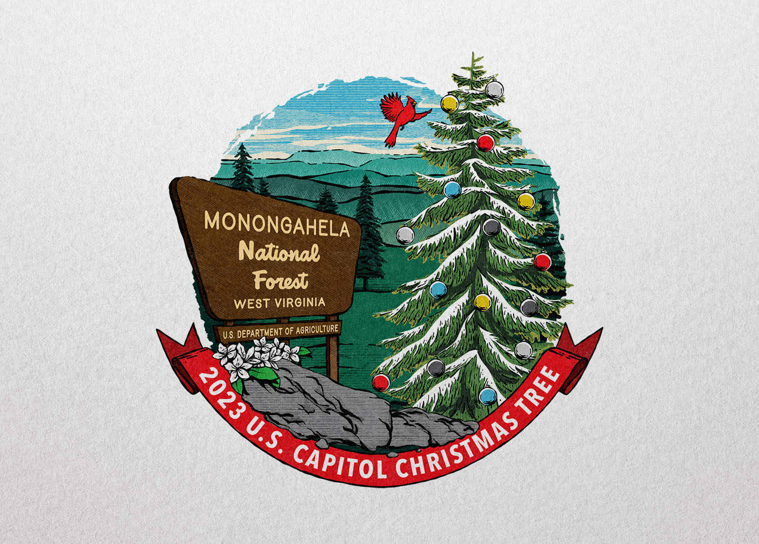 US Capitol Christmas Tree Logo for 2023 with custom illustrations of a tree, the Monongehila National Forest sign, and common plants and animals in West Virginia.