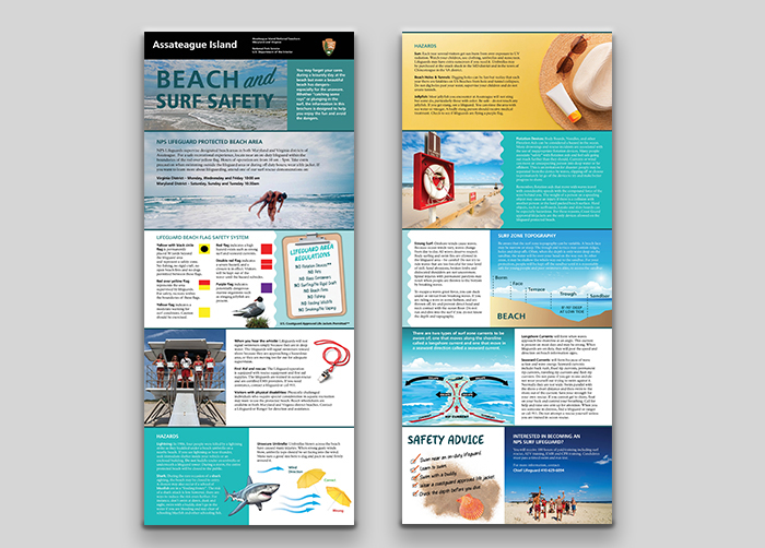 Brochure showing beach graphics and advice on avoiding and navigating surf safety.