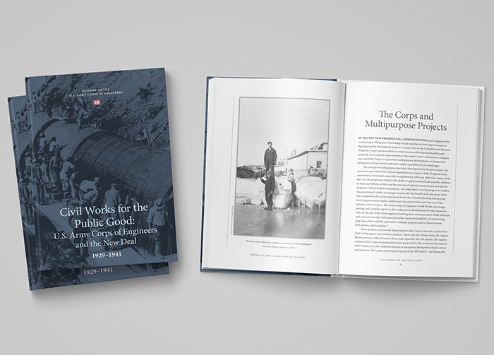 Cover a spread of the book showing historic imagery of Army Corps of Engineers personnel working.